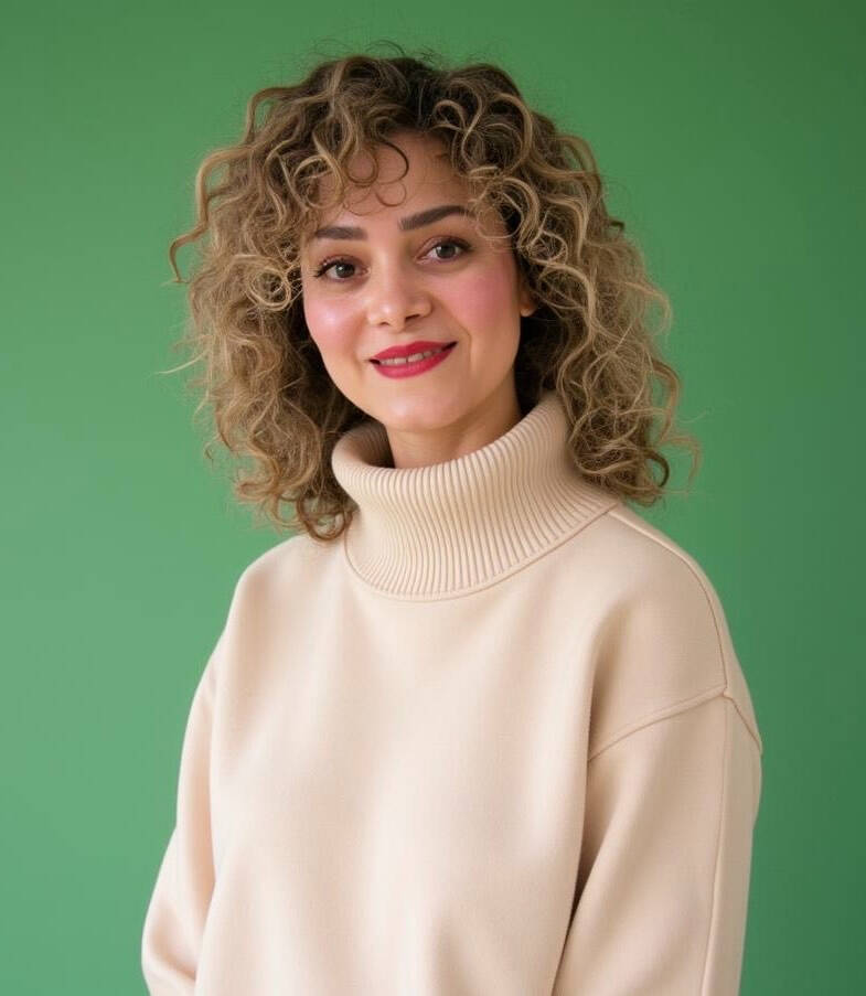 Dr. Reihaneh Hariri smiles at the camera against a green background. She has curly light brown hair and is wearing a light beige turtleneck sweater.